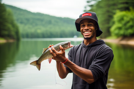 Young african-american fisherman holding a caught fish in his handの素材