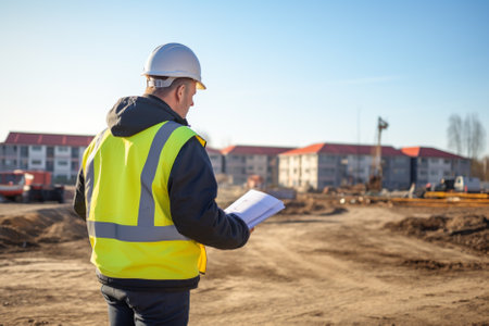 Architect or engineer at work on a construction site with a blueprintの素材
