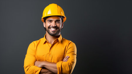 indian male engineer in yellow helmet smiling at camera isolated on blackの素材