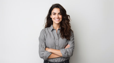 Portrait of a happy young businesswoman standing with arms crossed over white backgroundの素材