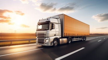 Truck on the road at sunset. Transportation and logistics concept.の素材