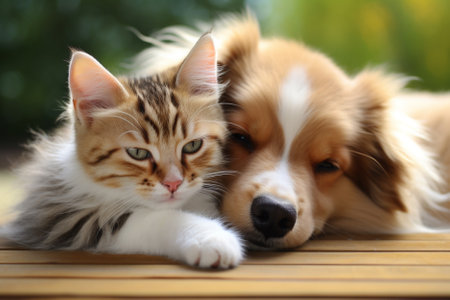Kitten and dog lying together on a wooden floor in the gardenの素材