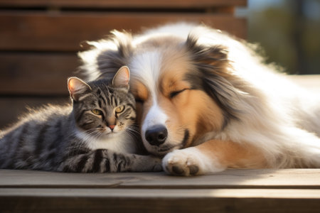 Shetland Sheepdog and tabby cat lying together on a wooden benchの素材