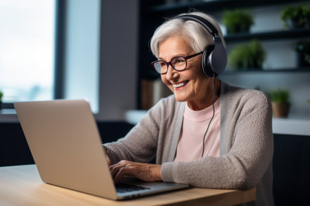 smiling senior woman in headphones using laptop at home and looking at cameraの素材