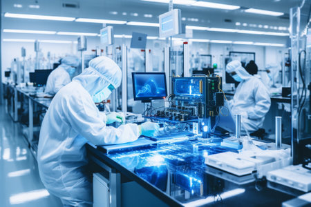 Technicians are working in a modern scientific laboratory. They are using modern technologies to produce high-tech solutions.の素材