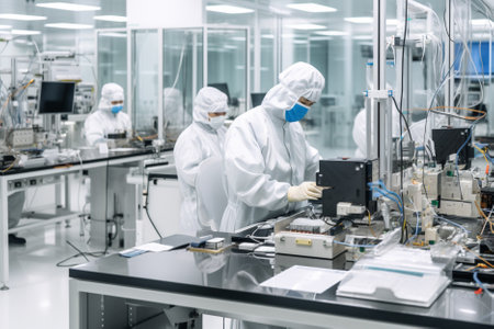 Scientists in white coats and masks working in a modern laboratory.の素材