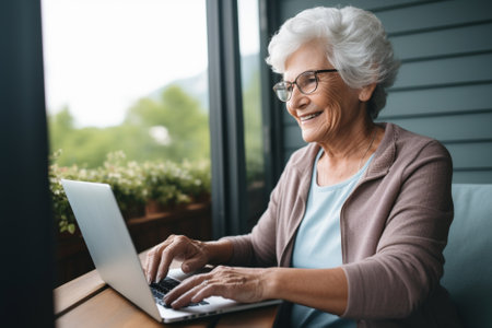 smiling senior woman in eyeglasses using laptop while sitting in cafeの素材