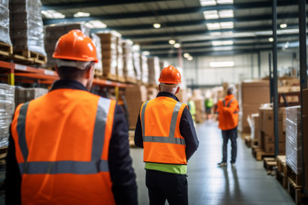 Rear view of warehouse workers working in warehouse. This is a freight transportation and distribution warehouse. Industrial and industrial workers conceptの素材