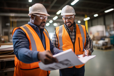 Portrait of confident warehouse workers discussing over clipboard in warehouse. This is a freight transportation and distribution warehouse. Industrial and industrial workers conceptの素材