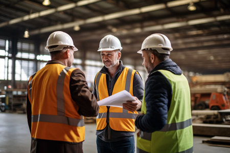 Confident mature engineers discussing over blueprint in warehouse. This is a freight transportation and distribution warehouse. Industrial and industrial workers conceptの素材