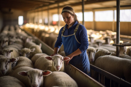 Portrait of a female farmer working with sheep in a dairy farmの素材