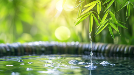 Bamboo leaves and water drop in the garden with bokeh backgroundの素材