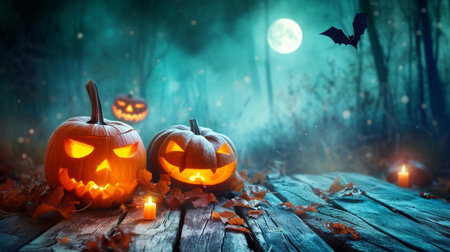Halloween pumpkins on wooden planks in foggy forest at nightの素材