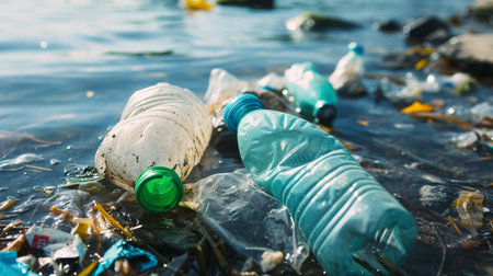 Plastic waste on the lake. Pollution of the environment.の素材