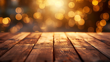 Wooden table in front of bokeh lights. christmas backgroundの素材