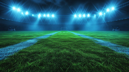 3D rendering of a soccer stadium with floodlights and green grassの素材