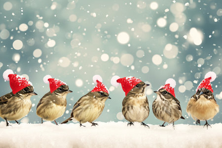 Christmas card with cute little sparrows in Santa Claus hats.の素材