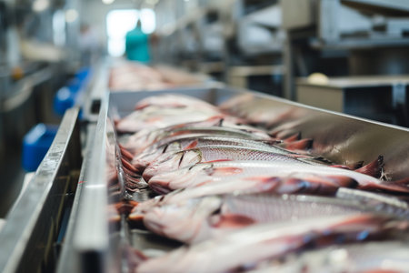 Fresh fish on a conveyor belt in a seafood factory. industrial backgroundの素材