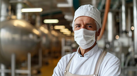 Portrait of senior man wearing protective mask while working in beer factoryの素材