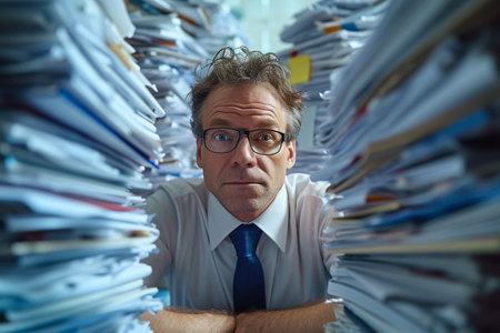 Tired and stressed middle aged businessman in glasses and tie sitting at the desk with piles of documents in officeの素材