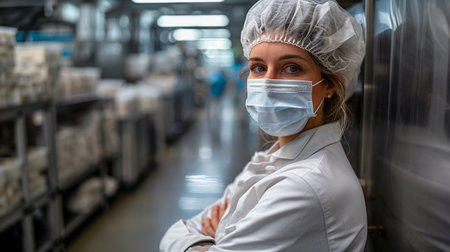 Female scientist in lab coat and face mask standing with crossed arms in factoryの素材