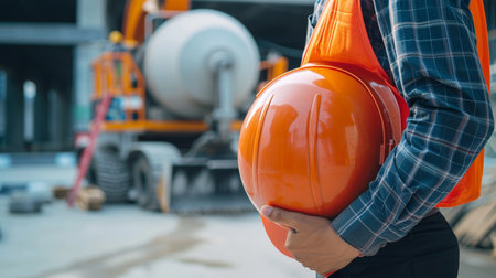 Close-up of engineer hand holding orange safety helmet in construction site.の素材