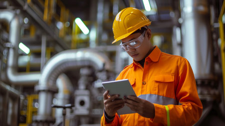 Industrial worker using digital tablet in factory. Factory worker using digital tablet.の素材