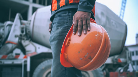 Worker holding orange helmet on construction site background. Construction concept.の素材