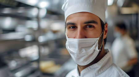 Portrait of a male chef in a restaurant kitchen wearing protective mask.の素材