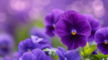 Purple pansy flowers with bokeh background, closeupの素材