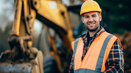 Portrait of smiling male construction worker wearing safety helmet and reflective vest standing on construction siteの素材