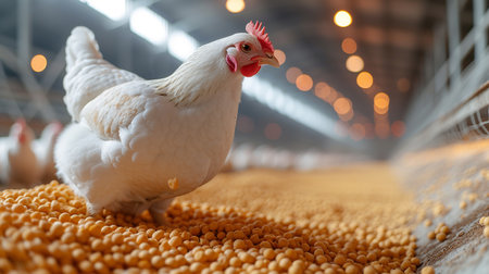 White chicken and chickpeas in a poultry farm. Selective focus.の素材
