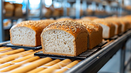 Freshly baked bread with sesame seeds on the rack in the bakeryの素材