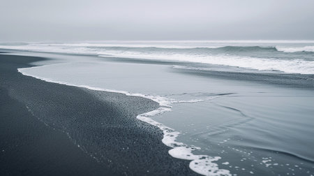 Black sand beach with waves and white foam. Long exposure shot.の素材