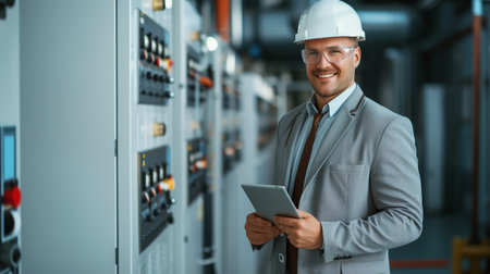 Portrait of a smiling male engineer using digital tablet in control roomの素材