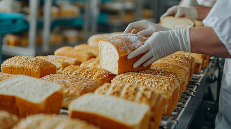Close-up of hands of baker in gloves working in bakery.の素材
