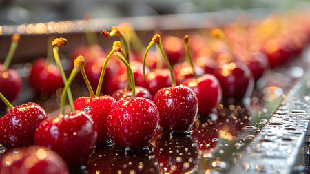 Cherries in a row on a wet glass surface. Selective focus.の素材