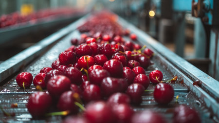 Ripe cherries on conveyor belt in factory. selective focusの素材