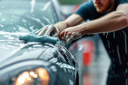 Car wash. Man polishing black car with microfiber clothの素材