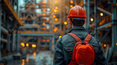Rear view of engineer or foreman wearing safety helmet standing in front of construction site.の素材