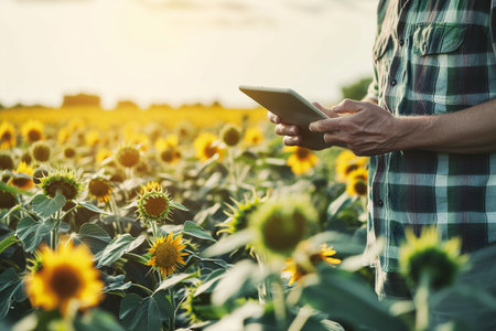 Farmer using tablet computer in field of sunflowers at sunsetの素材