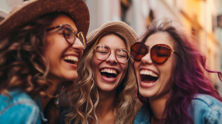 Close up of three young women in hats and sunglasses looking at camera and laughingの素材