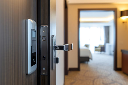 Interior of hotel room with door handle, close-up viewの素材