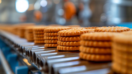 Biscuits on conveyor belt in food factory, closeupの素材