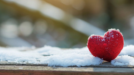 Red heart in the snow on a wooden background. Valentine's Dayの素材