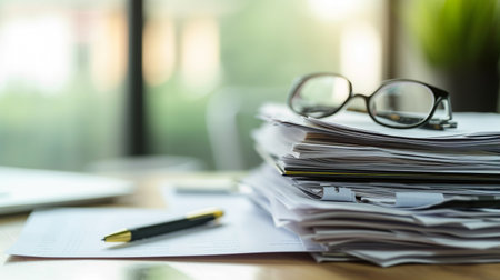 Stack of business documents on office desk with laptop and glasses, selective focusの素材