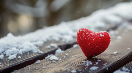 Red heart on a wooden bench covered with snow. Valentine's day backgroundの素材