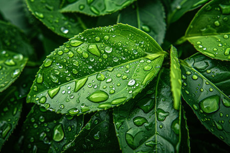 Green leaves with drops of water after the rain. Nature background.の素材