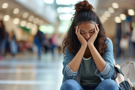 Depressed young woman sitting on the floor in the corridor of the airportの素材