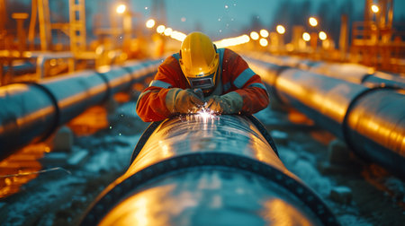 Worker welding pipe in oil and gas refinery. Industry and technology.の素材